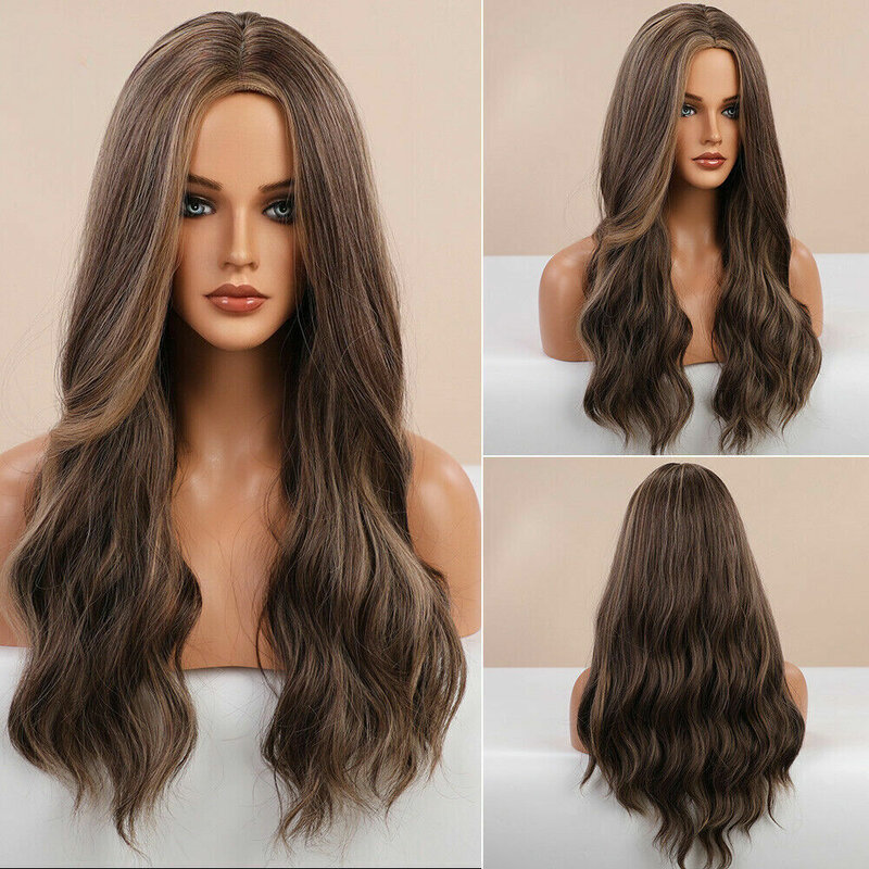 Highlight Brown Blonde Daily  Long Wavy Synthetic Hair for Women Cosplay Wig