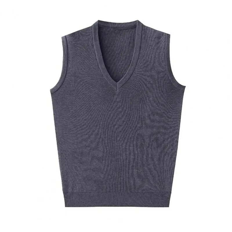 Solid Color Sleeveless Vest Versatile Mid-aged Men's V-neck Knitted Sweater Vest Slim Fit Sleeveless Pullover with Ribbed Cuffs