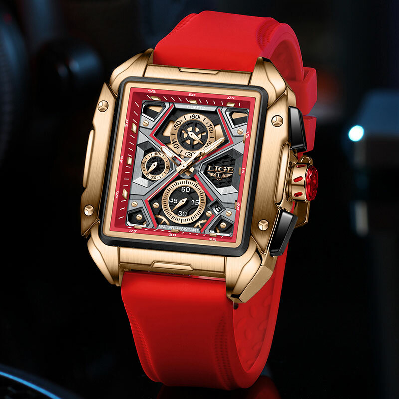 นาฬิกาข้อมือควอทซ์หรูหราของผู้ชาย Lige นาฬิกาข้อมือขนาดใหญ่สำหรับผู้ชายแฟชั่นกีฬา Tali Jam Tangan karet สีแดงเท่30เมตรนาฬิกาโครงกระดูกกันน้ำ