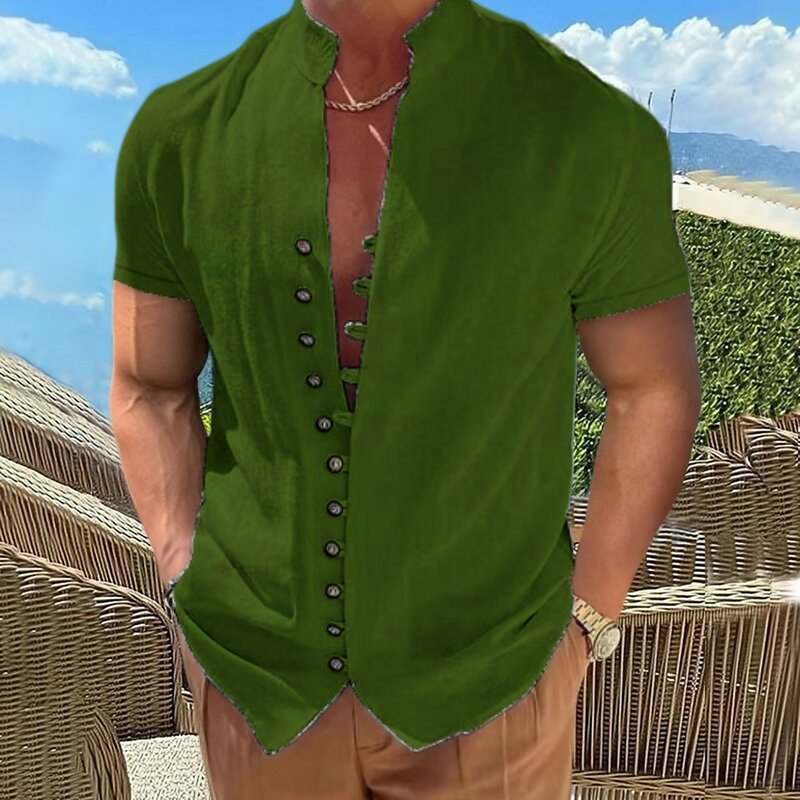 Camisa de gola Stand masculina, manga curta, peito único, cor sólida, quente, verão
