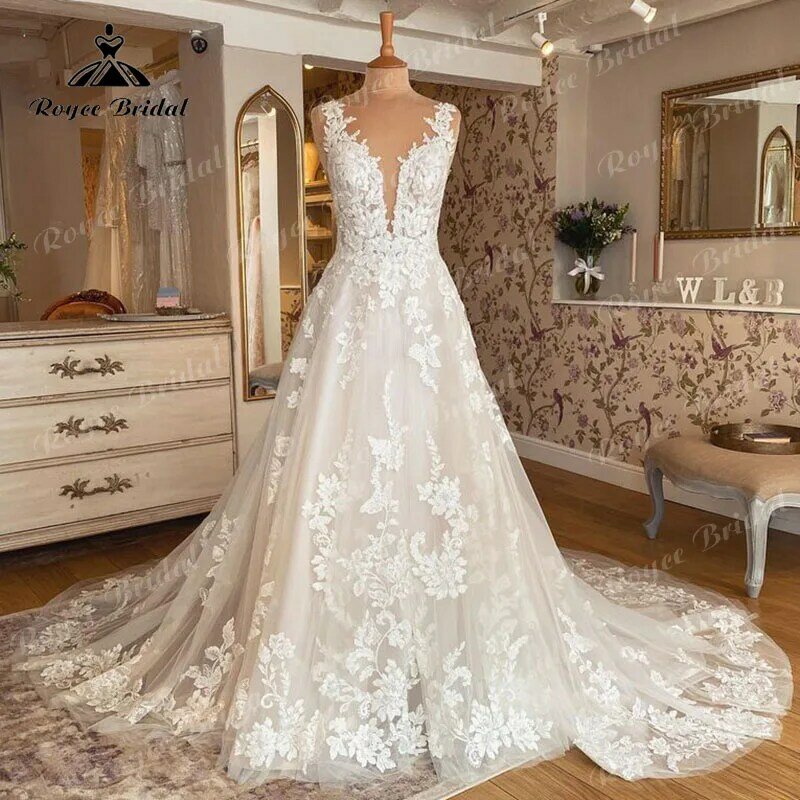 2024 Robe Mariee без рукавов с V-образным вырезом, свадебное платье, Кружевная аппликация, розовое платье невесты с открытой спиной, элегантное платье для свадебного торжества