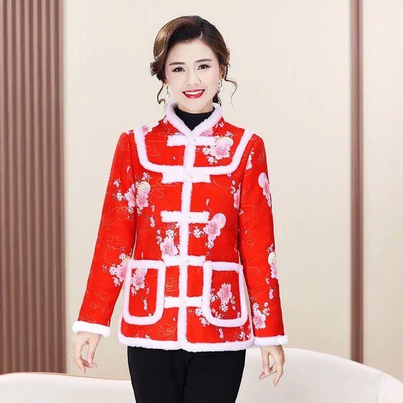 Winter New Vintage Embroidered Buckle Buckle Deer Skin Velvet Cotton Coat Women's Chinese Style Plush Thickened  Ladies Outcoat