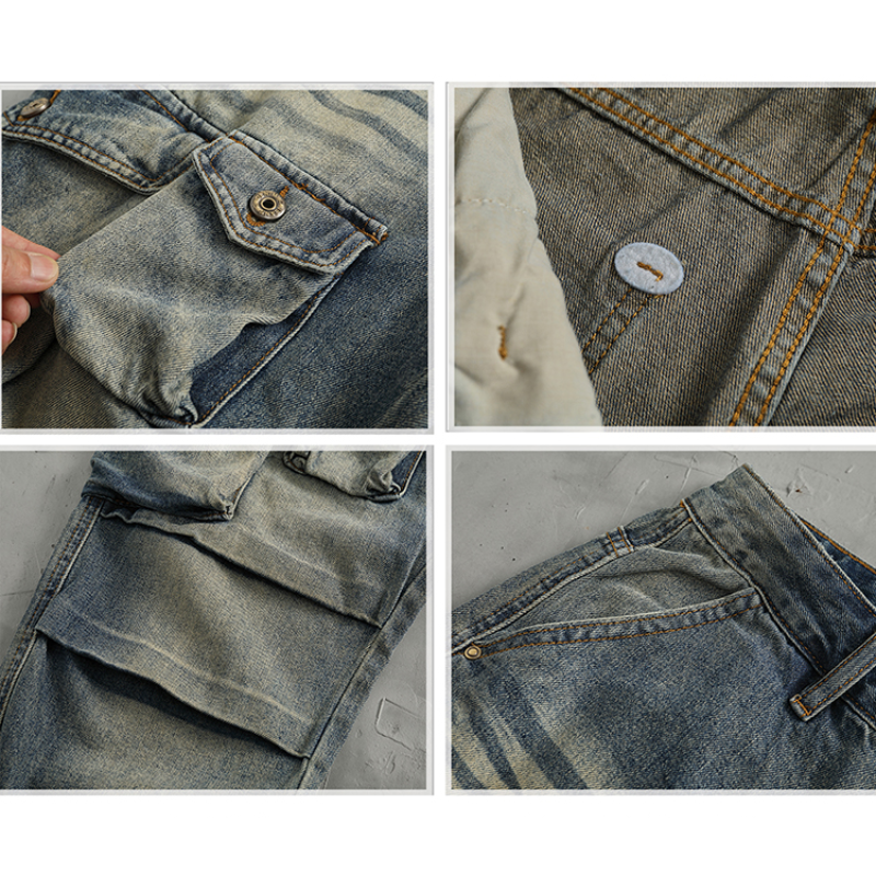 Ciężki amerykańska moda vintage dżinsy cargo motocyklowy męski z wieloma kieszeniami, prosty stożek, ciężkie, umyte spodnie na co dzień