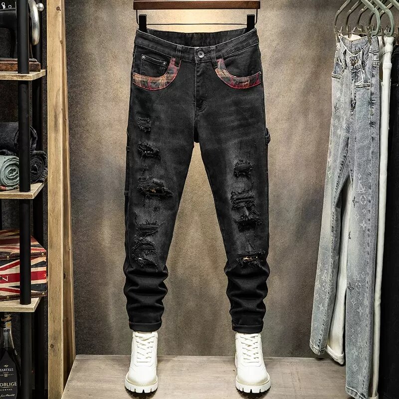 Mode Designer Heren Jeans Retro Zwart Grijs Elastisch Slim Fit Vintage Gescheurde Jeans Heren Multi Pockets Hiphop Denim Broek Hombre