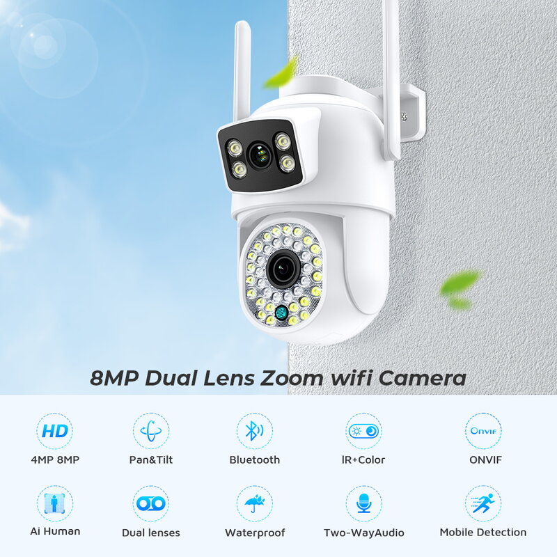8MP 4K Wifi IP Camera Dual Screens Night Vision PTZ Video Surveillance Camera Outdoor Human Detection CCTV Security Camera ICSEE