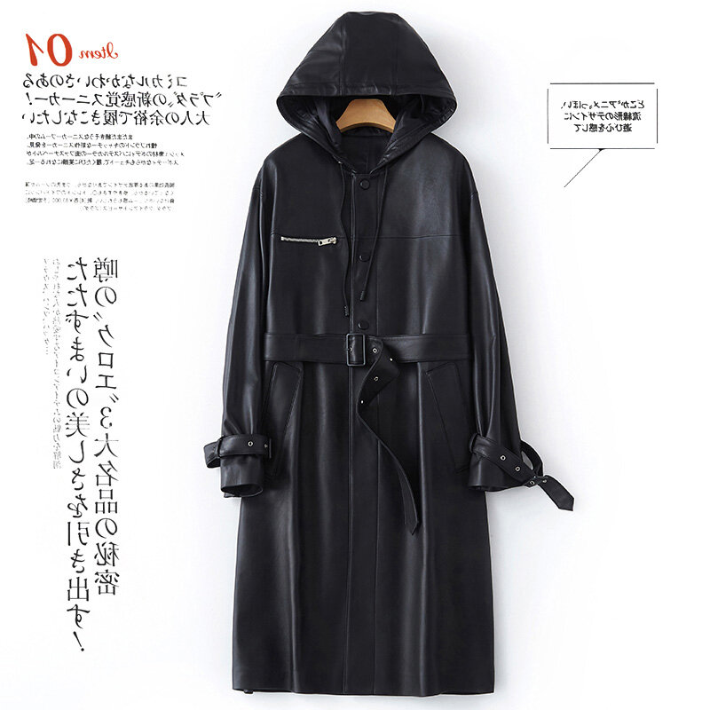 Longo casaco de couro para mulheres, impermeável capa de chuva PU com capuz, cinto de manga comprida, preto, primavera, outono, 2024