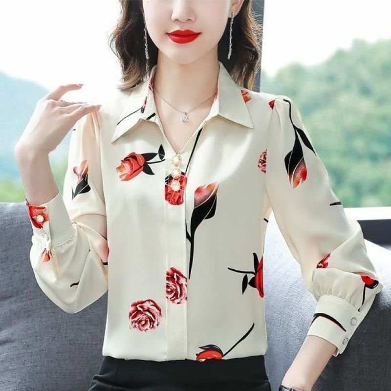 2024 Spring and Summer Minimalist Commuting Fashion Casual Loose Plus Oversize Exquisite Printed Long Sleeved Polo Collar Shirt