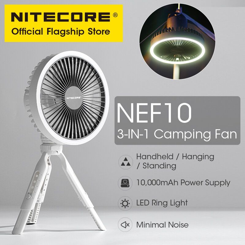 Nitecore nef10 3-em-1 acampamento ventilador elétrico USB-C ventiladores de teto recarregáveis 10000mah power bank led anel luz tripé ajustável