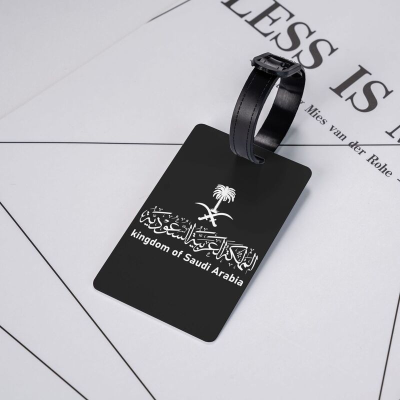 Etiquetas de equipaje personalizadas del Reino de Arabia Saudita, emblema de caligrafía árabe, cubierta de privacidad, tarjeta de identificación con nombre