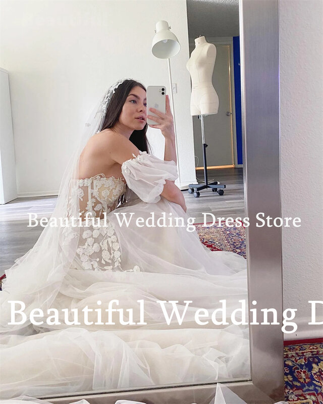 Beach Women Wedding Dress Sweethear Neck Lace Appliques Detachable Short Sleeves A-Line Tulle Floor-Length Vestidos Bridal Gown