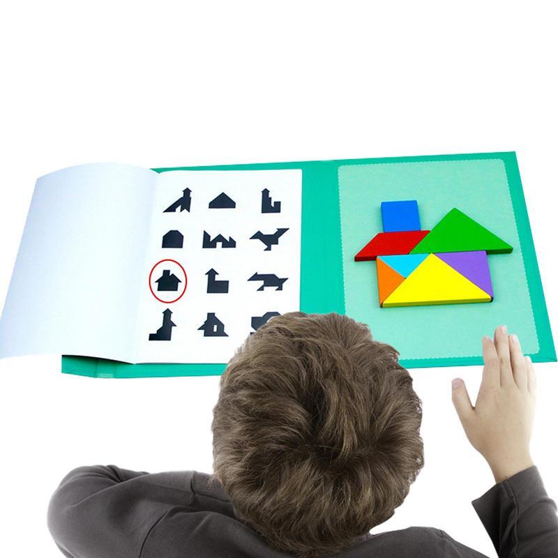 Tangram Tangram Jigsaw Board Set, Puzzle 3D magnético, formas geométricas, blocos de madeira, brinquedo colorido para crianças