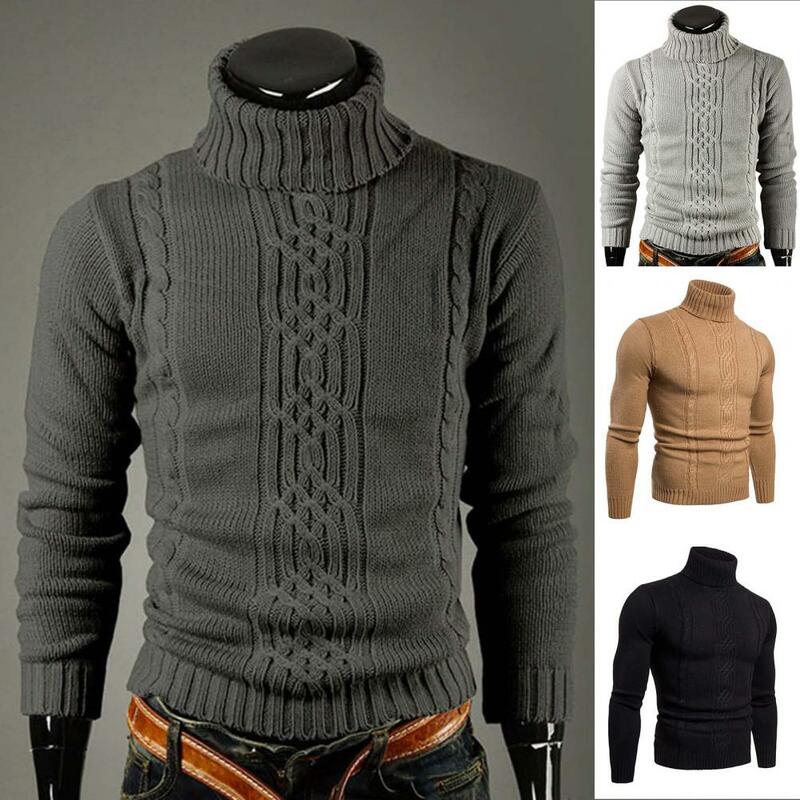 Suéter masculino de malha de gola alta, algemas com nervuras, suéter apertado, roupa casual fina, inverno