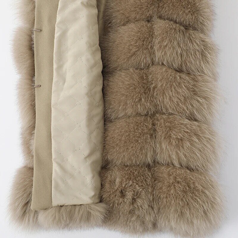 2024Natural Real Fox Fur MediumLength Overcoat  Women's Warm Winter Jacket Vest  Luxury Furry   Autumn Big Size Solid Color Coat
