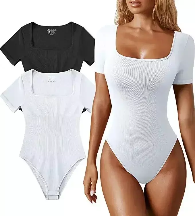 2023 Women Short Sleeve Black Bodysuit Top Stretch Black White Sexy Square Collar Jumpsuit Body Tops Streetwear Clothes