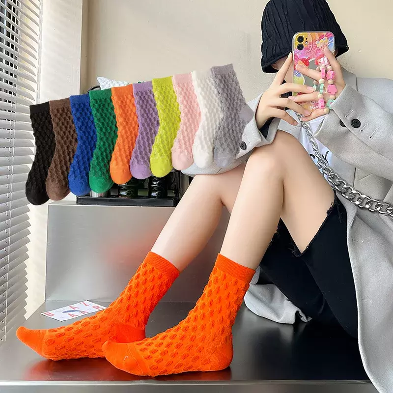 Korean Personality Color Socks Women's Fashion Piles of Women's Sock Candy-colored Bubble Socks Autumn and Winter Mid-tube Socks