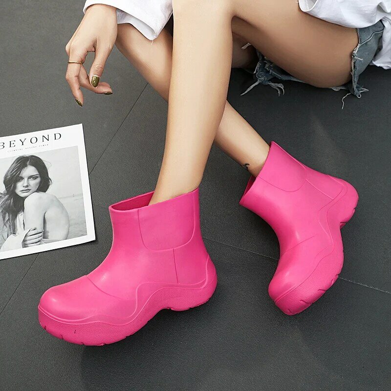Rubber Boots Women Solid Candy Colored Waterproof and Anti Slip Rain Boots Adult Kitchen Rubber Korean Water Work Shoes Size 41