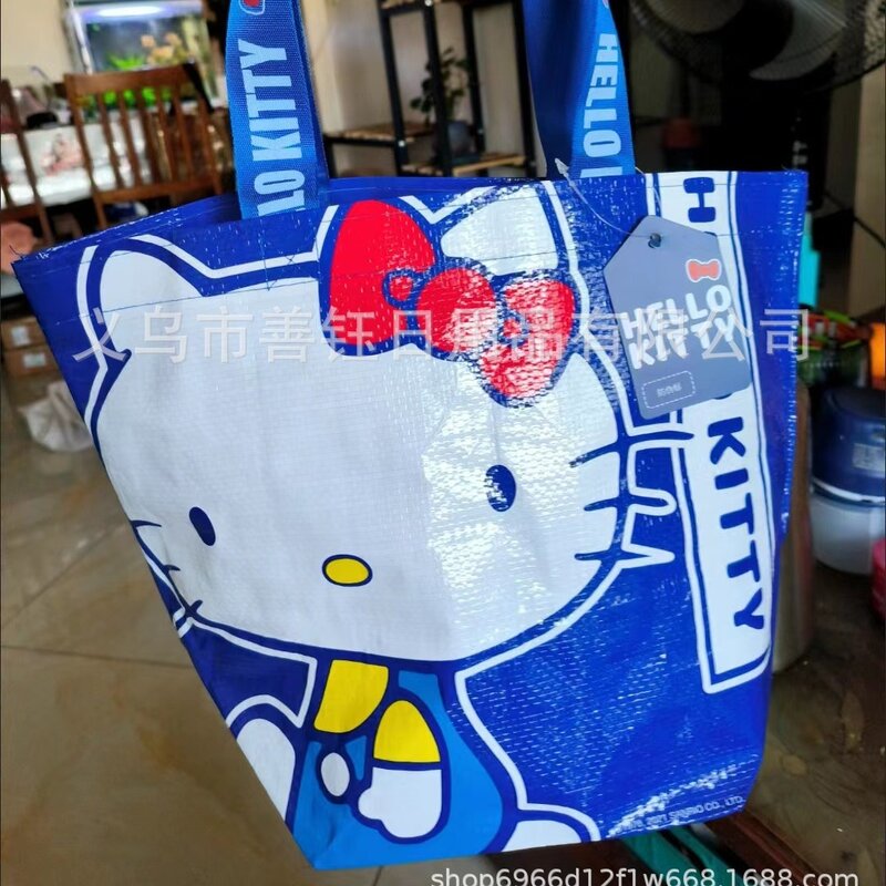 Hellos Kittys-bolsa de compras con estampado azul para niñas, bolso de compras ecológico de alta capacidad, tejido a mano, un hombro, lindo regalo