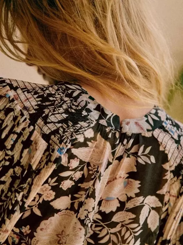 Blusa plissada com estampa floral vintage feminina, o-pescoço, manga longa, primavera, nova