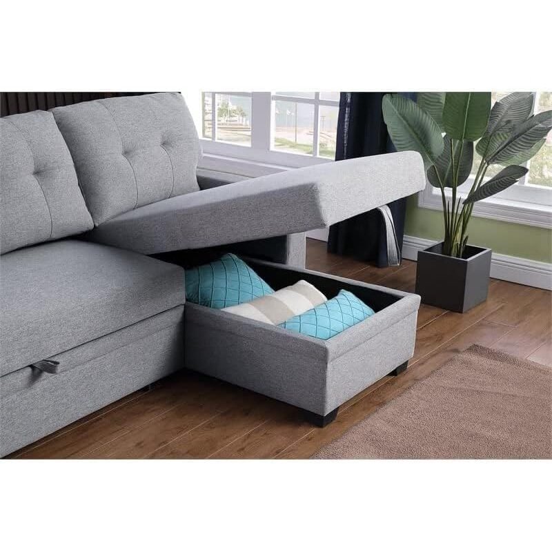 Mobiliário Devion-Contemporânea reversível secional Sleeper, sofá secional com armazenamento Chaise, tecido cinza claro