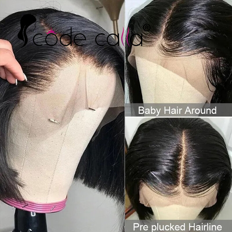 Perucas de cabelo humano brasileiras pré arrancadas para mulheres, peruca dianteira do laço Bob, cor natural, parte T Lace, Remy, reto, 13x4