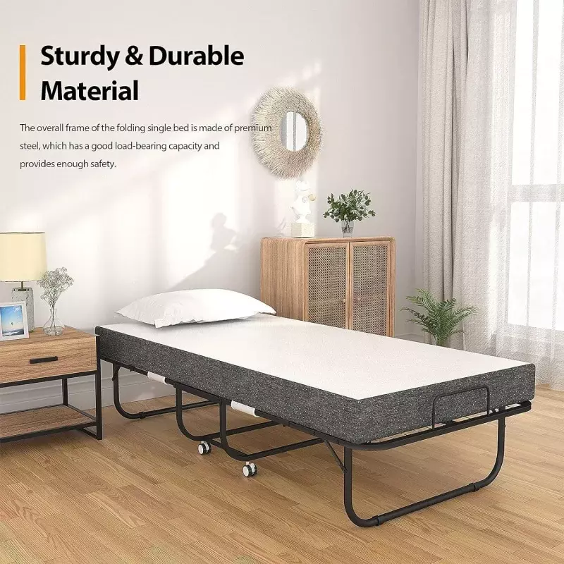 Foxemart Folding Bed with Mattress Portable Foldable Guest Beds Cot Size Rollaway Beds for Adults with Luxurious Memory 5 Inch F