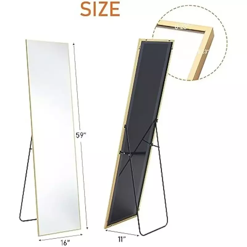 Espelho de parede de liga de alumínio com suporte, comprimento total, moldura fina, pendurado ou inclinado, 59x16 polegadas