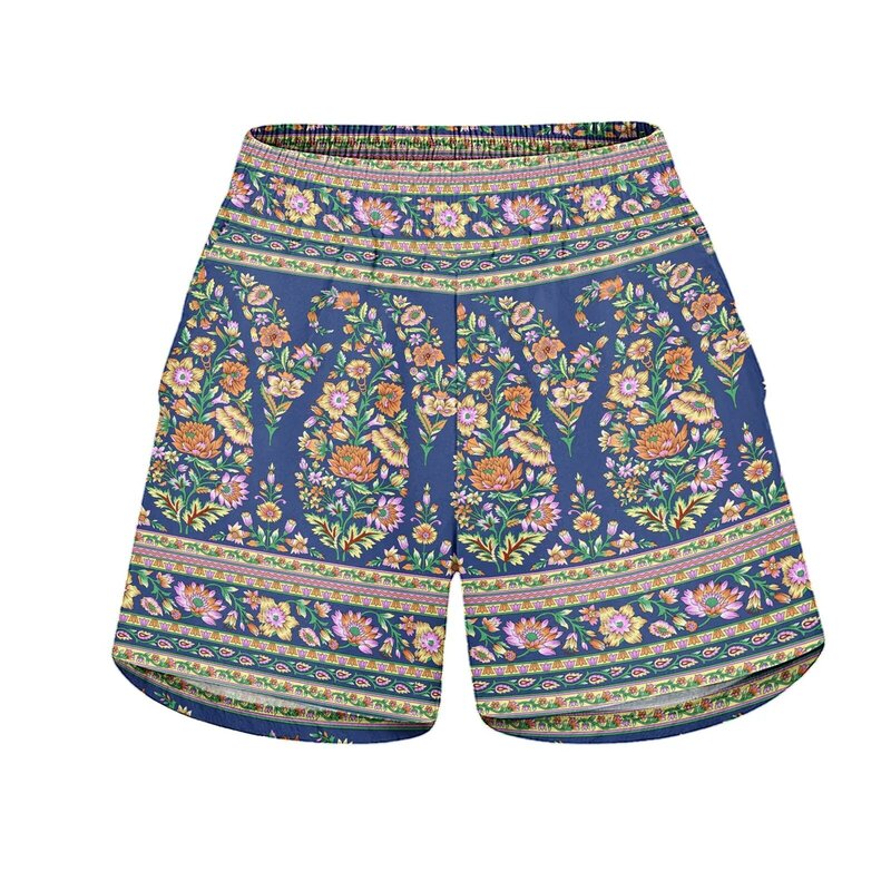 Vintage Chic ผู้หญิงดอกไม้พิมพ์กางเกงขาสั้นเอวกางเกงขาสั้น Boho Summer สบายๆกางเกงขาสั้นชายหาด Retro Bohemian สั้...