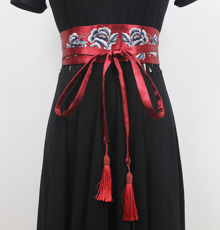 Женский модный широкий пояс с бантом и вышитыми цветами, универсальный элегантный двойной ремень с узлом в стиле ретро