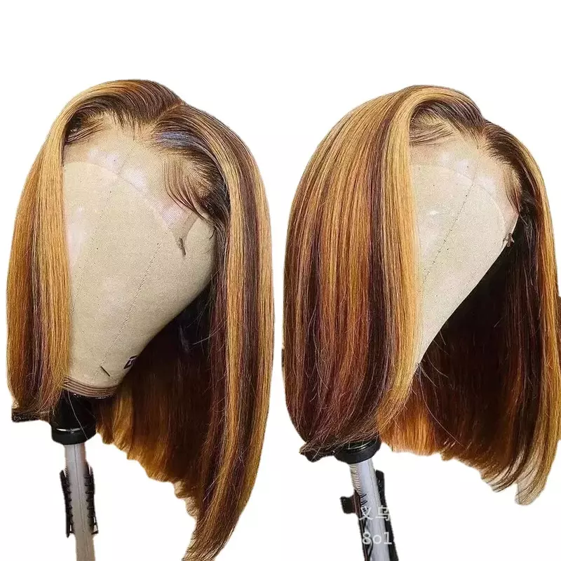 Peluca de cabello humano con encaje frontal para mujer, con cierre frontal corto postizo y rizado, corte Bob, pelo de Piano barato, 2024
