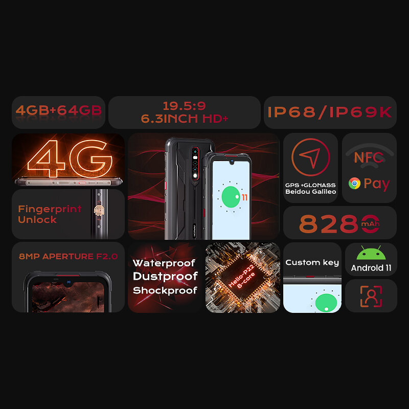 HOTWAV-Smartphone CYBER 8 DE 6,3 pulgadas, 4GB y 64GB, resistente al agua, 8280mAh, cámara de 16MP, Android 11, NFC