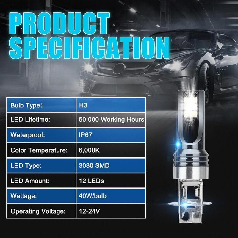 2pcs 6000k H3 Car Led Fog Light Bulbs Conversion Kit Drl 12smd 360-degree Lighting Angle Driving Lamp