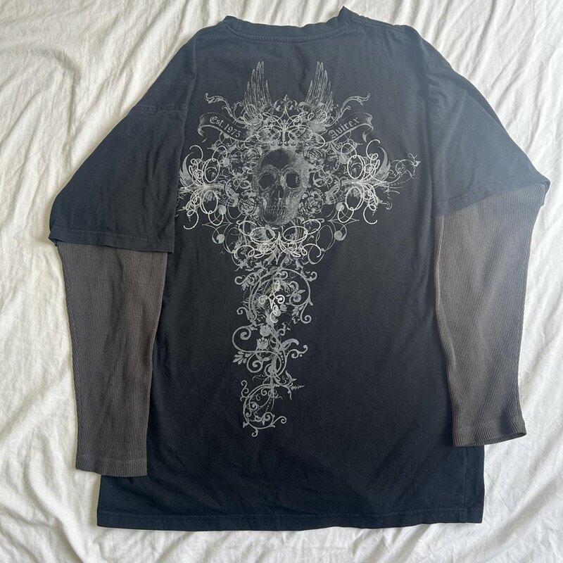 長袖のスカルプリントTシャツ,90年代のビンテージスタイルのパッチワークシャツ,原宿とレトロなy2kの短くてストリートウェア