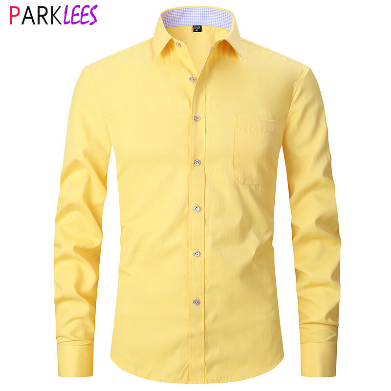 Yellow French Cuff Dress Shirts for Men Formal Business Button Down Shirt Mens Long Sleeve Tuxedo Shirt with Random Cufflinks