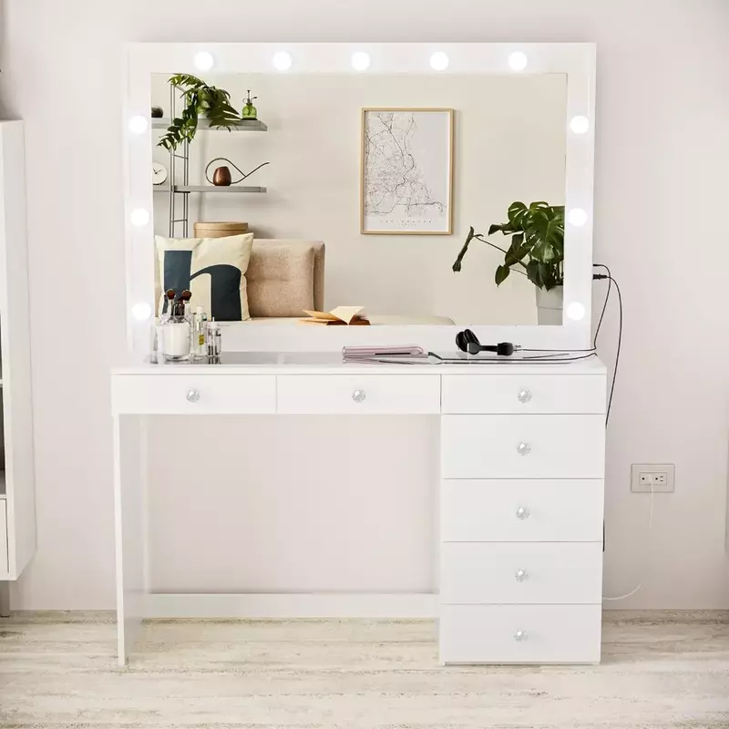 Wide Hollywood Mirror Vanity Makeup Desk Crystal Ball manopole 58.2 ''Hx47.3'' Wx16.9 ''D Glam Glass Top Furniture per Room Dresser
