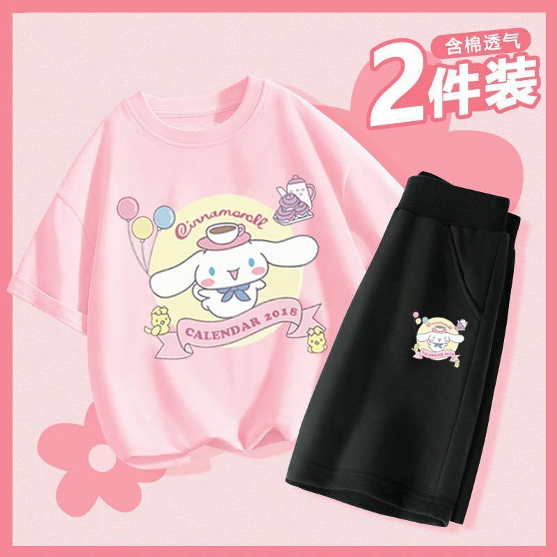 Nowa koszulka Sanrio Cinnamoroll dziecięcy strój sportowy Kawaii Cartoon Fashion zestaw szortów letnie letnie odzież sportowa plażowe