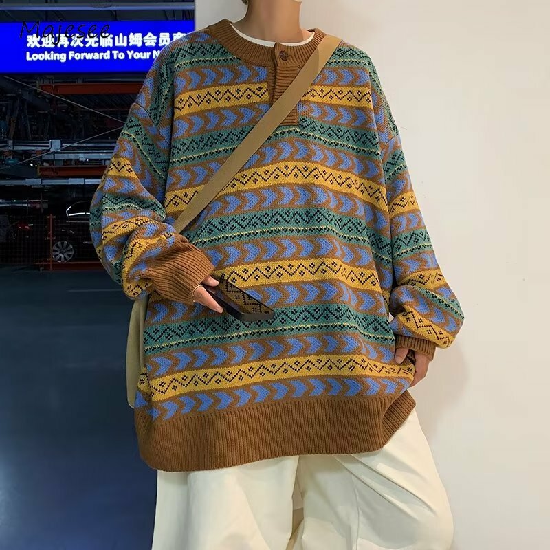 Suéteres soltos listrados estilo coreano masculino, moda avançada, bonito Cityboy, com painéis simples diário, tudo combina, roupas para adolescentes, outono