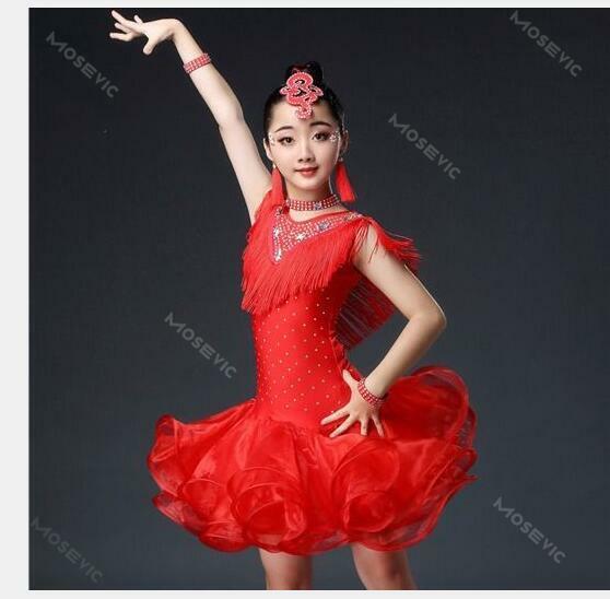 1pcs/lot children organza tassel latin dress girl rhinestone latin Tango Rumba Samba Costume