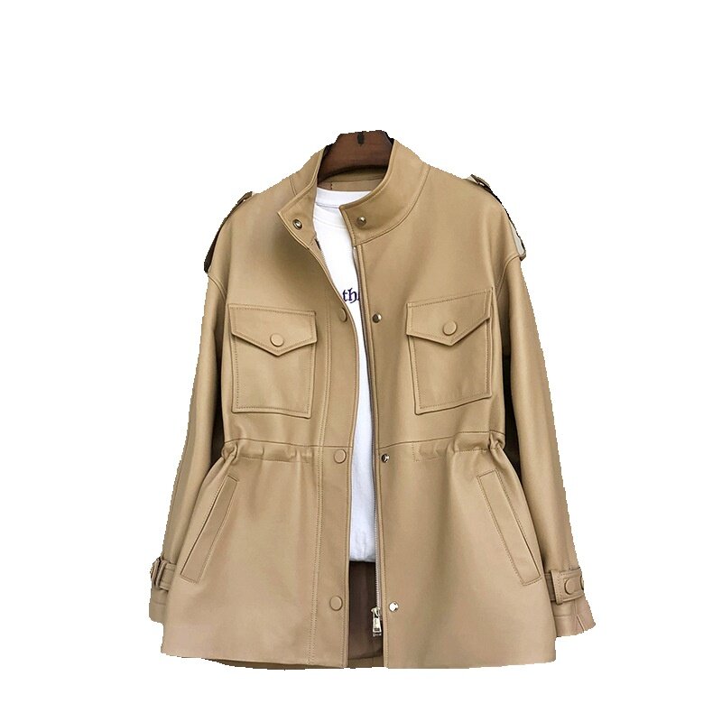 Mantel kulit asli untuk wanita, mantel penahan angin kulit domba asli koleksi pinggang panjang Musim Semi