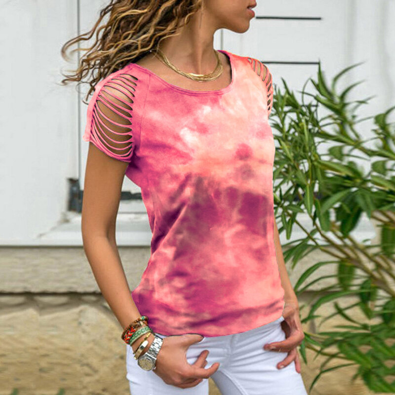 여성용 캐주얼 끈이 없는 반팔 프린트 라운드넥 티셔츠, 용수철 여름 신상 패션