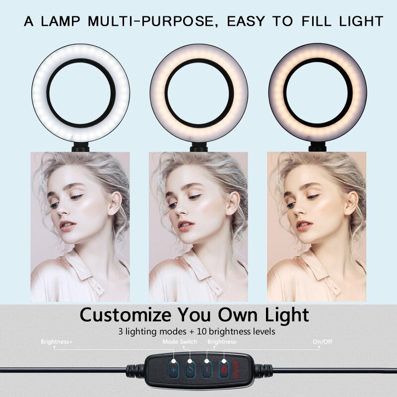 Anillo de luz Led con trípode para fotografía, lámpara de 26cm con Control remoto para teléfono móvil, soporte para selfis y vídeos de Youtube