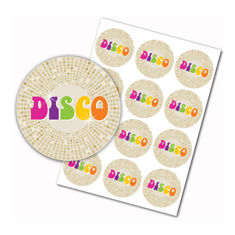 DISCO z lat 70. - okrągła naklejka na etykietę DISCO Fever Party z lat 70