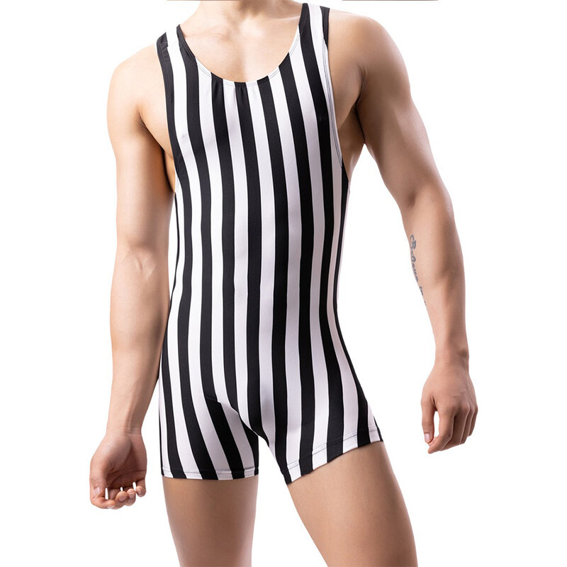 Mens Vertical Striped Sleeveless Fitness Bodysuit Boxers Underwear Singlet Soft Jumpsuits Sports Slim Fit Men Pajamas Sleepwear