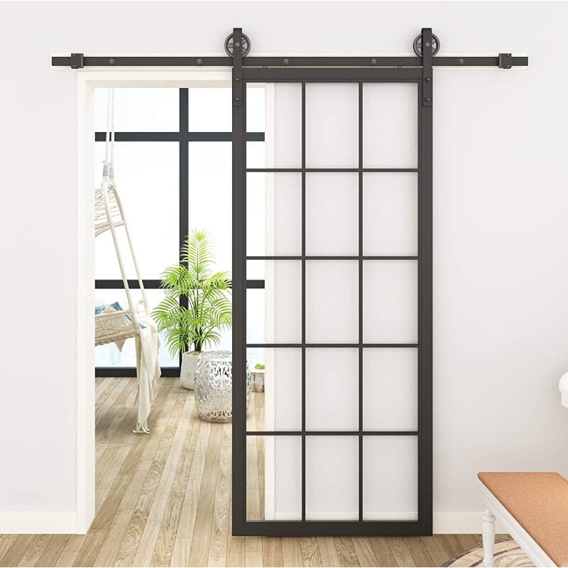 DIYHD 30X86. 5-calowy Panel ze stalową ramą wnętrze jasne szkło hartowane przesuwne Barn, 30x86,5 cala, drzwi TSD01