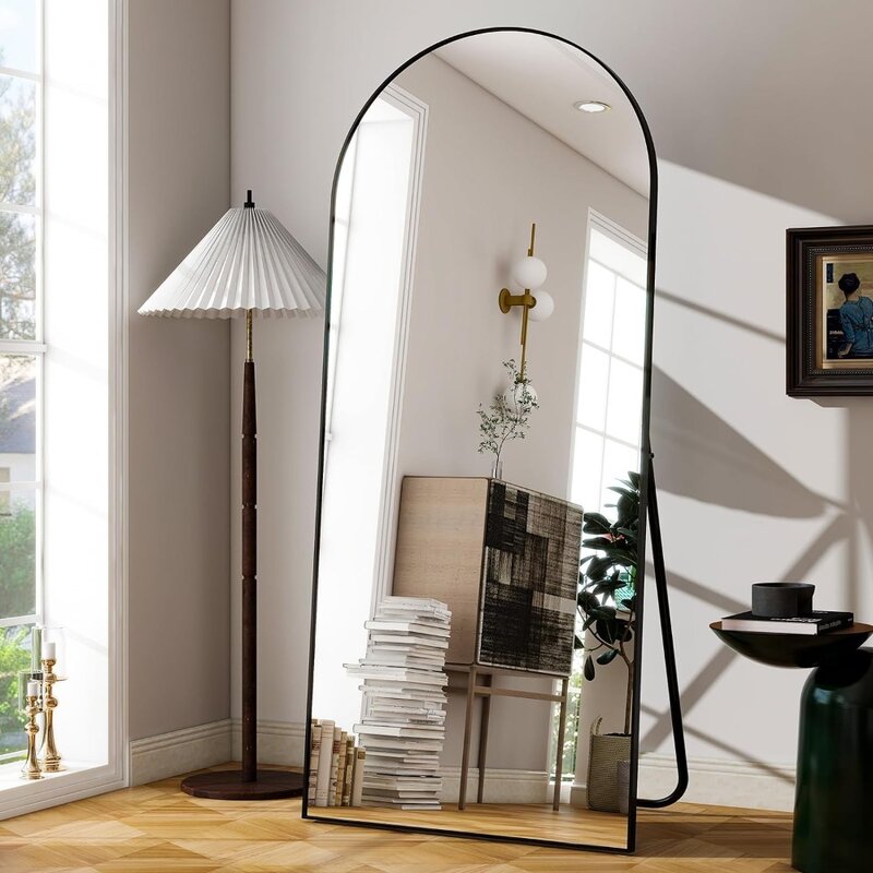 Cermin besar cermin besar, hitam 71 "x 30" Panjang penuh dengan lampu cermin lantai berdiri ruang tamu bingkai aluminium