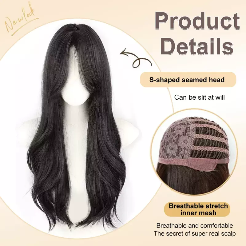 ALXNAN-pelucas sintéticas largas y onduladas para mujer, cabello negro Natural con flequillo, fiesta de Cosplay diaria, resistente al calor