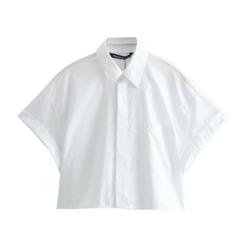 Women 2024 Fashion Crop Poplin Shirt Casual Lapel Collar Short Sleeved Splicing Cardigan Pocket Front Button Female Blouse
