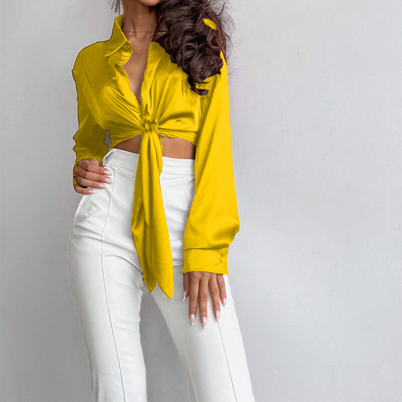 Fashion Women's Polo Neck Long Sleeve Leaky Umbilical Short Shirt Elegant Yellow Button Lace Up Top Blouse Camisa Blanca Mujer