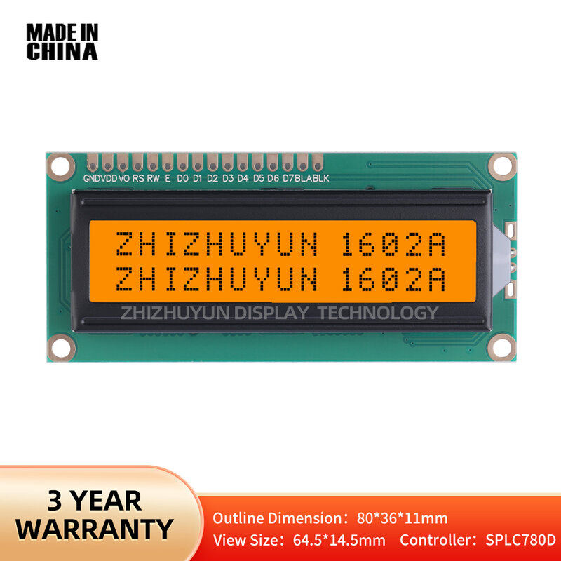 1602A Character Dot Matrix Screen Orange Light, Gray Film Black Characters 80*36 LCD Screen Module