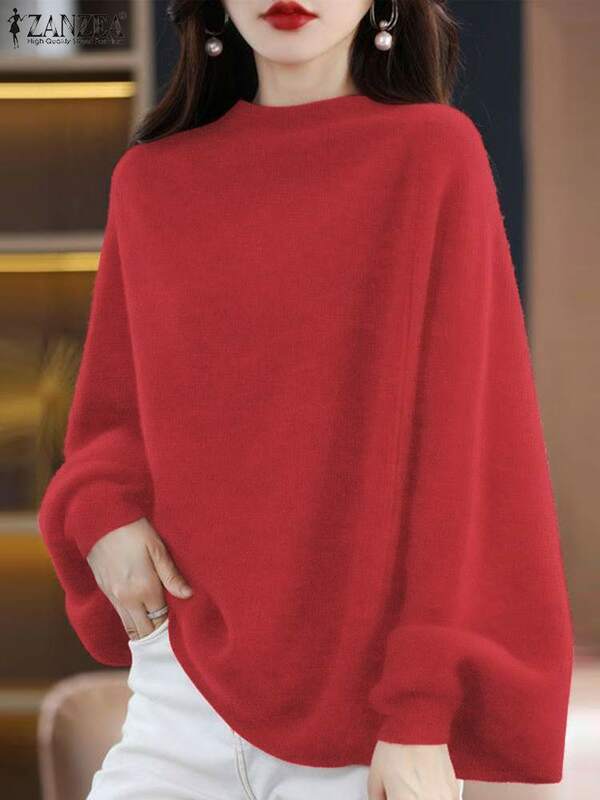 Damski ZANZEA sweter z dzianiny nietoperz 2024 jesienne bluzki z długim rękawem luźne, solidne, kolorowy pulower świąteczne swetry typu All-match Femme