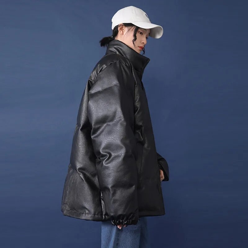 Jaket berlapis katun wanita Korea musim dingin 2023 jaket berlapis katun tebal kulit PU baru parka tren